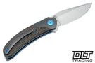 Reate TF-4 M398 Belt Satin Blade - Blue Titanium Handle - Polished Zirconium Bolster - Fat Carbon Gold Camo Inlay
