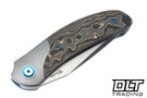 Reate TF-4 M398 Belt Satin Blade - Blue Titanium Handle - Polished Zirconium Bolster - Fat Carbon Gold Camo Inlay