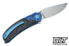 Reate TF-4 M398 Hand Rubbed Satin Blade - Blue Titanium Handle - Zircuti Bolster - Marble Carbon Fiber Inlay