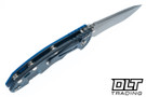 Hinderer 3.5" XM-18 Non Flipper Recurve MagnaCut - Battle Blue Anodized Titanium - Working Finish Blade - Blue G-10