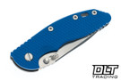 Hinderer 3.5" XM-18 Non Flipper Recurve MagnaCut - Working Finish Titanium - Stonewashed Blade - Blue G-10