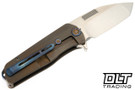 Medford Primus folding knife with Tumbled Tanto 3V blade and OS Bronze Titanium handles wearing Flamed Hardware and clip. 