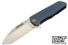 Medford Primus folding knife with a Tumbled Tanto 3V blade and OS Blue Titanium handles with Bronze Hardware. 