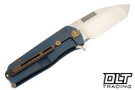 Medford Primus folding knife with a Tumbled Tanto 3V blade and OS Blue Titanium handles with Bronze Hardware and clip. 