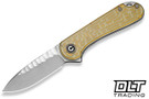 CIVIVI Elementum C18062AM-2 open, presentation side, satin rock grind Nitro-V blade with polished yellow Ultem scale over the machined maze