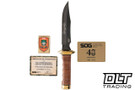 SOG 40th Anniversary Bowie - Stacked Leather - Brass Guard - Polished PVD AUS-8 Clip Point Blade - Limited Edition