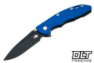 Hinderer 3.5" XM-18 Non Flipper Fullered Spear 20CV - Battle Black DLC Titanium & Blade - Blue G-10