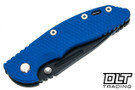 Hinderer 3.5" XM-18 Non Flipper Fullered Spear 20CV - Battle Black DLC Titanium & Blade - Blue G-10