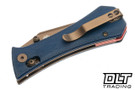 Auxiliary Manufacturing Deadhead Pocket Coffin Tanto Crossbar - Blue Micarta - Rose Gold PVD 14C28N Blade