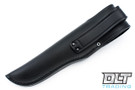 Fallkniven F1L 3G - Limited Edition - Maroon Micarta (F1L3GMM) black leather knife sheath showing the back.