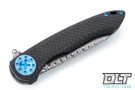 Curtiss Cruze Flipper - Damasteel - Light Blue Hardware - Carbon Fiber Handle