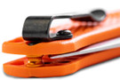 Benchmade 533 Mini Bugout with orange handles and satin blade. 