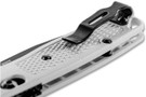 Benchmade Mini Bugout with black blade and white handles showing pocket clip.