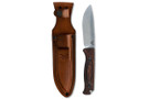 Benchmade Saddle Mountain Skinner fixed blade hunting knife next to a leather sheath.