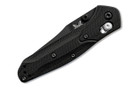 Benchmade Mini Osborne with black G10 handles, blue liners, and a black coated S30V reverse tanto blade shown closed.