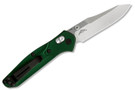 Benchmade 945 Mini Osborne AXIS Lock folding knife with green handles and a satin blade.