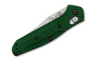 Benchmade 945 Mini Osborne AXIS Lock folding knife with green handles and a satin blade shown folded.
