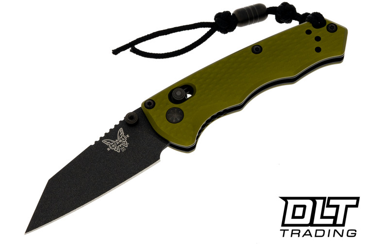 Benchmade Full Immunity in Woodland Green with a black Cerakote blade and lanyard grip extension with bead.