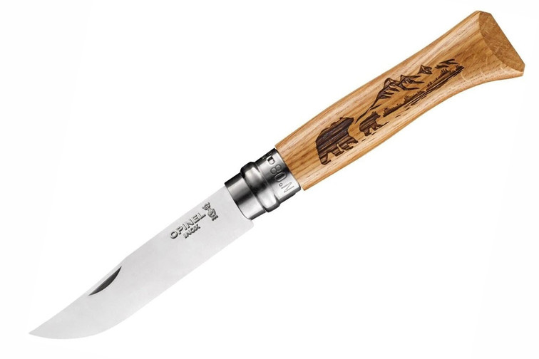 Opinel No 8 - Oak - Engraved Bear - Stainless Steel