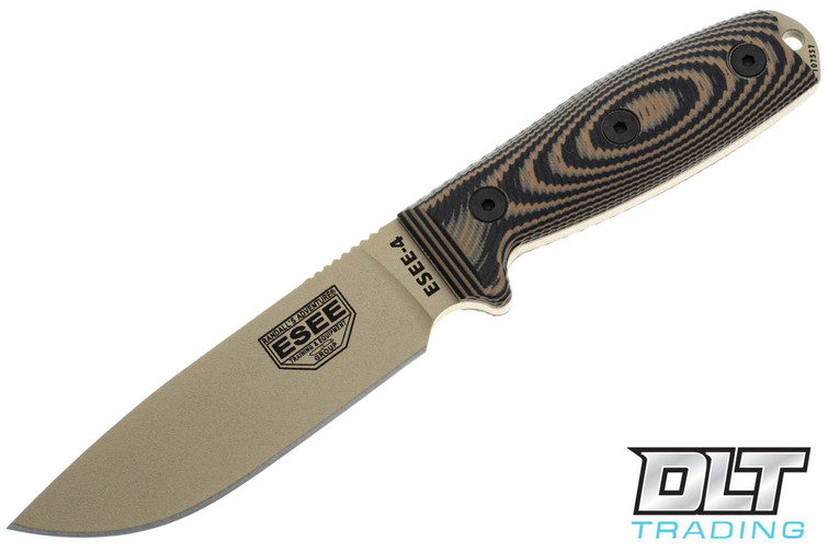 ESEE 4 - Desert Tan Blade - 3D Coyote & Black G-10 - Black Sheath