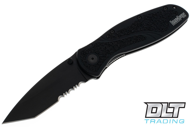 Kershaw Blur 1670TBLKST with partially serrated black tanto 14C28N blade and aluminum handle with Trac-Tec inserts.