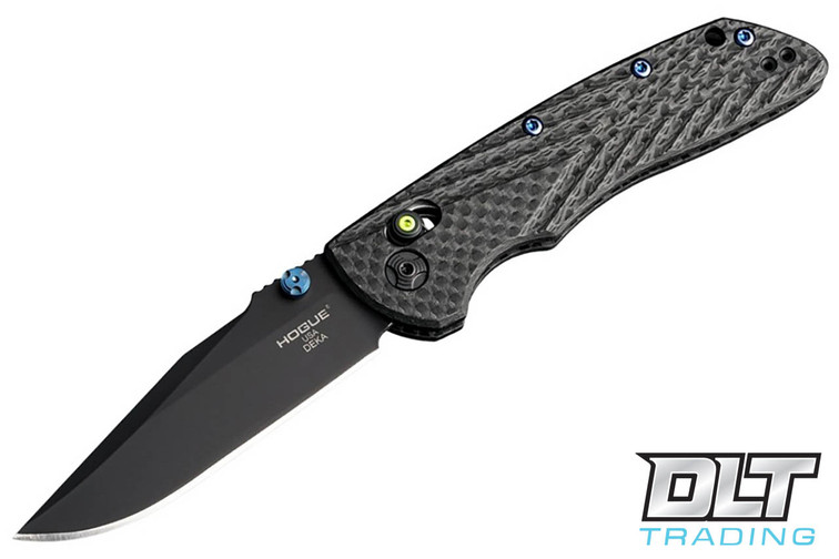 Hogue Deka 3.25" Clip Point - Black Cerakote - Carbon Fiber - Green Tritium Insert