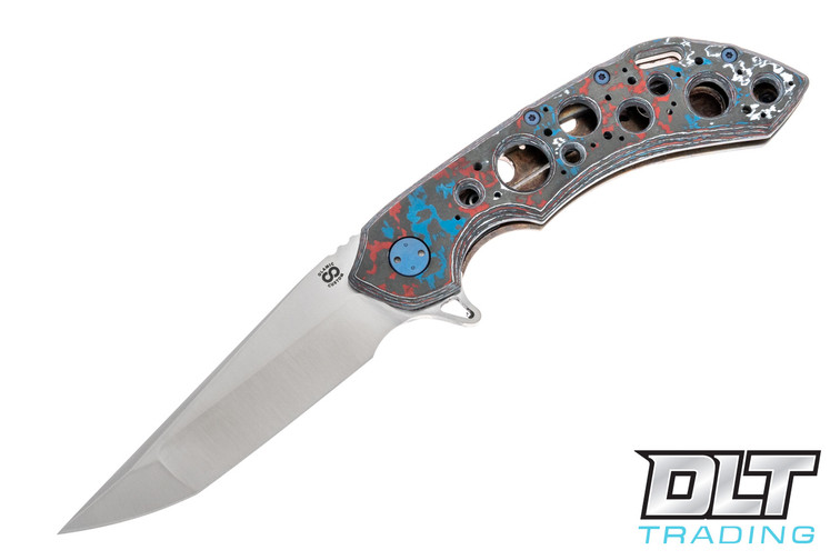 Olamic Cutlery Wayfarer 247 Companto - Satin - Fat Carbon Nebula & Antique Handle - Acid Rain Holes - Blue Accents - 643