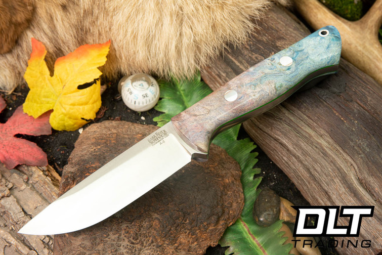 Bark River Bravo 1 A2 Purple & Blue Maple Burl - Toxic Green Liners - Rampless