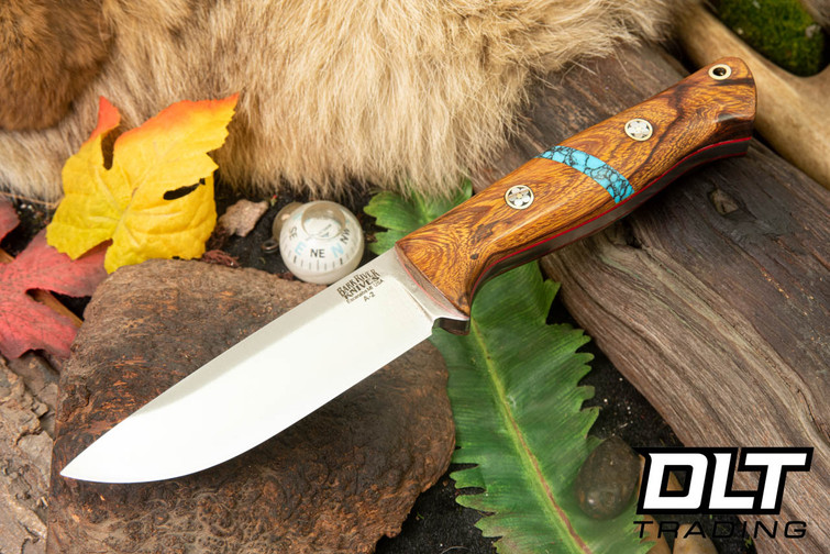 Bark River Bravo 1 A2 Desert Ironwood Burl - Turquoise Spacer - Red Liners - Mosaic Pins - Rampless #2