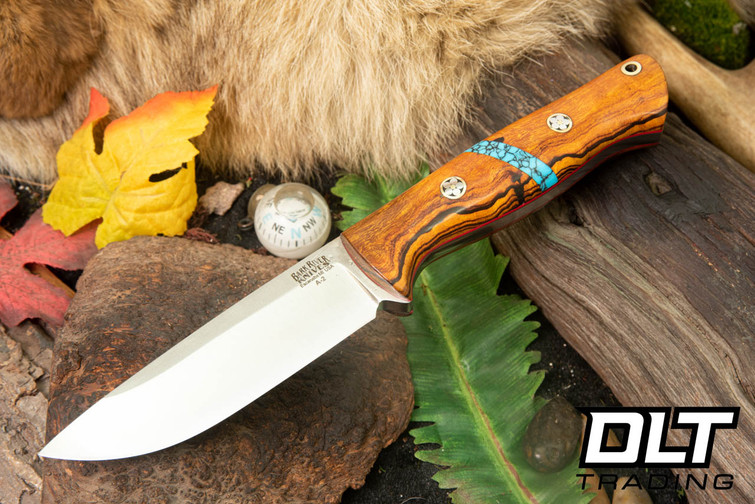 Bark River Bravo 1 A2 Desert Ironwood Burl - Turquoise Spacer - Red Liners - Mosaic Pins - Rampless #1