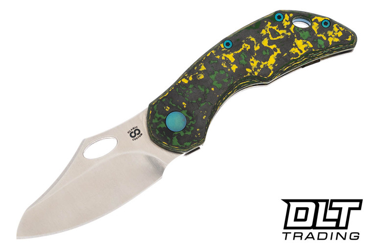 Olamic Cutlery Busker Semper - Satin MagnaCut Blade - Toxic Storm Fat Carbon - Frosty Titanium - Green Backspacer & Accents - 675