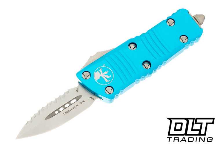 Microtech 238-12TQ Mini Troodon D/E - Turquoise Handle - Stonewashed Blade