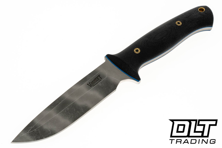 Vehement K2 Satin Double Black Micarta - Blue Liners - Mosaic Pins - OG Tigerstripe Blade - Black Leather - Blue Stitching