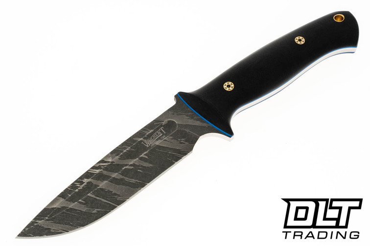 Vehement K2 Satin Double Black Micarta - Blue Liners - Mosaic Pins - Tigerlypse Blade - Black Leather - Blue Stitching