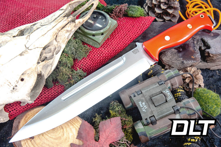 Bark River Pig Sticker, red fixed blade knife with red G-10 liners and brass pins.