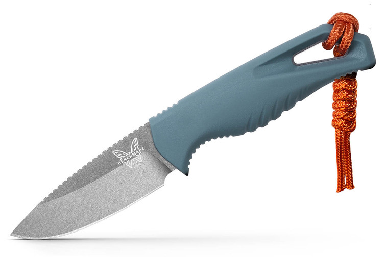 Benchmade 18050 Intersect fixed blade knife in Depth Blue with orange lanyard. 