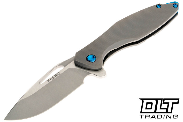 Koenig Mini Arius - Corda Pattern Titanium Handle - Burnished Blade - Polished Flats - Blue Hardware