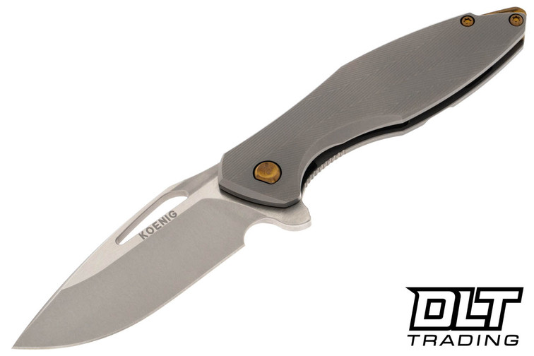 Koenig Mini Arius - Patterned Titanium Handle - Burnished Blade - Polished Flats - Bronze Hardware