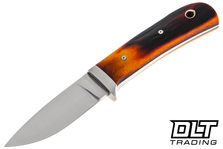 W.A. Surls Loveless Lil Drop Point CPM-154 - Amber Stag - Black Liners - Satin Guard - Tapered Tang W.A. Surls Loveless Lil Drop Point CPM-154 - Amber Stag - Black Liners - Satin Guard - Tapered Tang