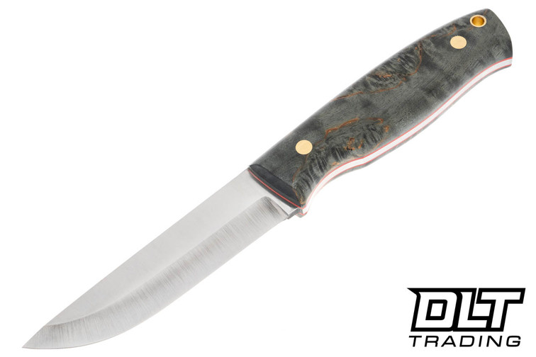 BRISA Trooper 115 80CrV2 Scandi Ground - Stabilized Curly Birch - Red Liners - Brass Pins