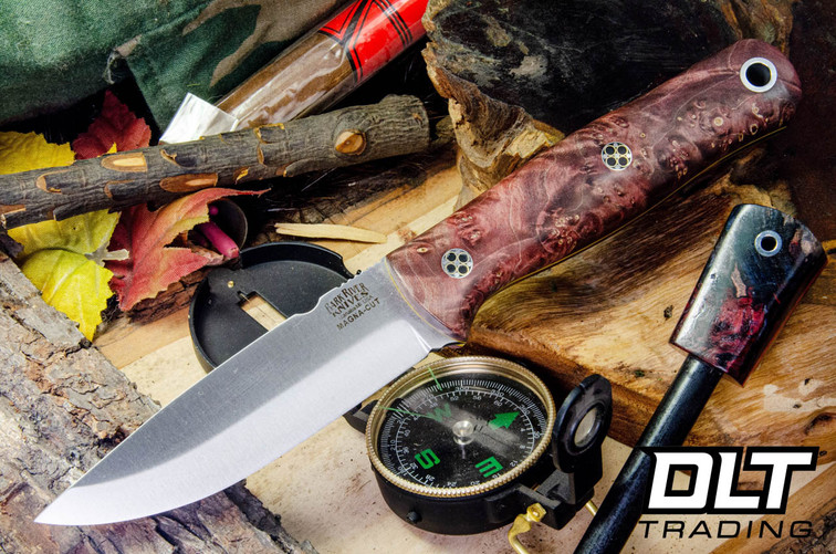 Bark River Euro Bushcrafter MagnaCut Salmon & Cherry Maple Burl - Yellow Liners - Mosaic Pins