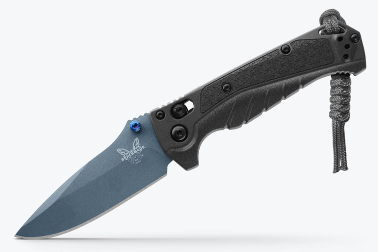 Benchmade Mini Adira with tempest grey handles and a blue blade.