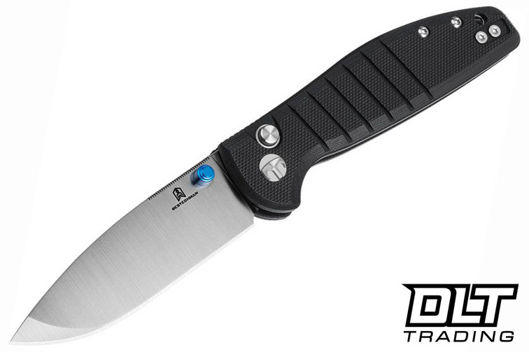 Bestechman Goodboy Jr - D2 Satin Stonewashed Blade - Black G-10 - Blue Thumbstud