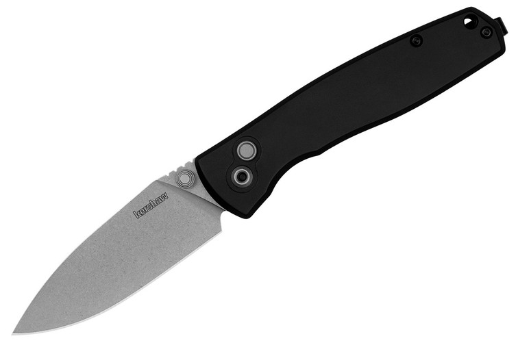 Kershaw Kindred 2053 with 3" stonewashed D2 spear point blade, black aluminum handle, button lock, KVT ball bearings, reversible deep-carry clip.
