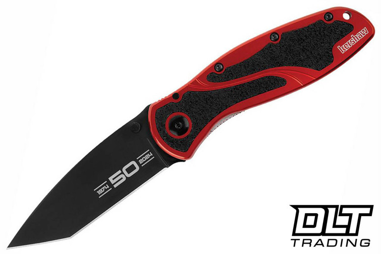 Kershaw Blur 1670K50 50th Anniversary with black oxide CTS-BDZ1 tanto blade and red aluminum handle. 