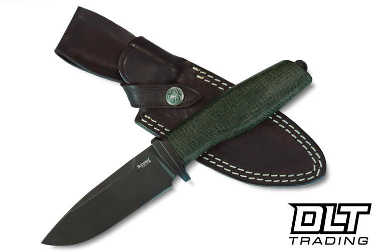 LionSteel Acha - Black M390 Blade - Green Burlap - Leather Sheath