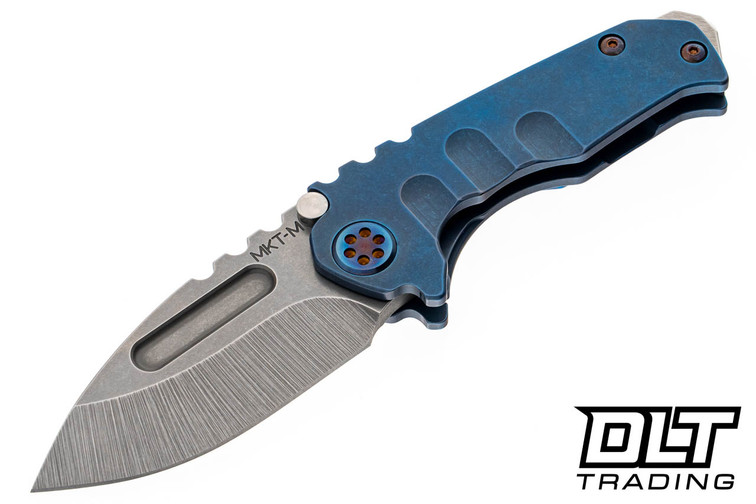 Medford Micro Praetorian T Drop Point - Old School Tumbled MagnaCut - Old School Blue Titanium - Flamed Hardware - Blue Clip