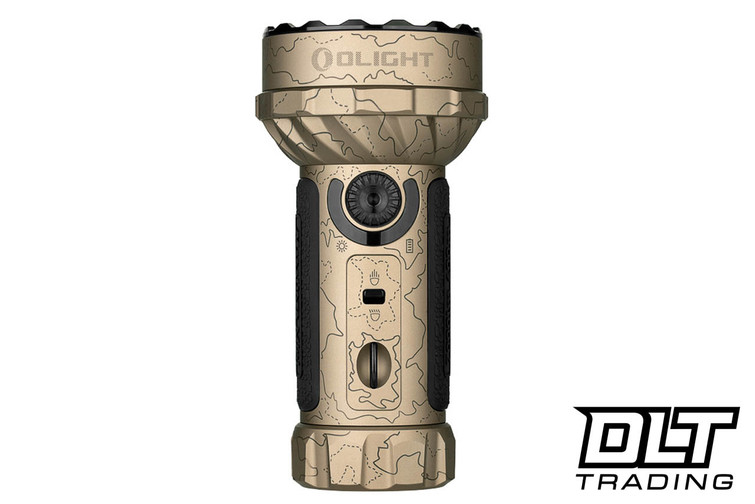 Olight Marauder Mini Powerful LED Flashlight with RGB and Desert Terrain finish. 