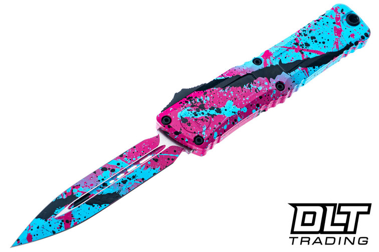 Microtech 1142-1LBPK-BKSPLS Combat Troodon Gen III D/E - Black, Pink, & Blue Paint Splatter - Splatter Cerakote Blade