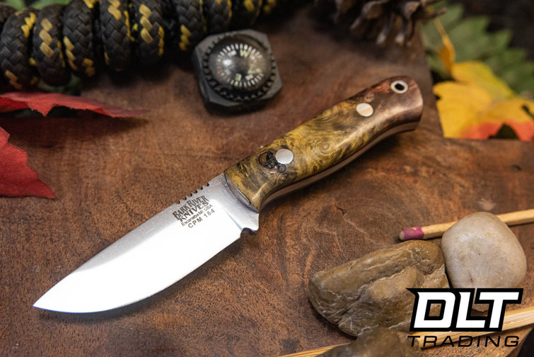 Bark River Micro Bravo CPM 154 Orange & Yellow Maple Burl - Red Liners